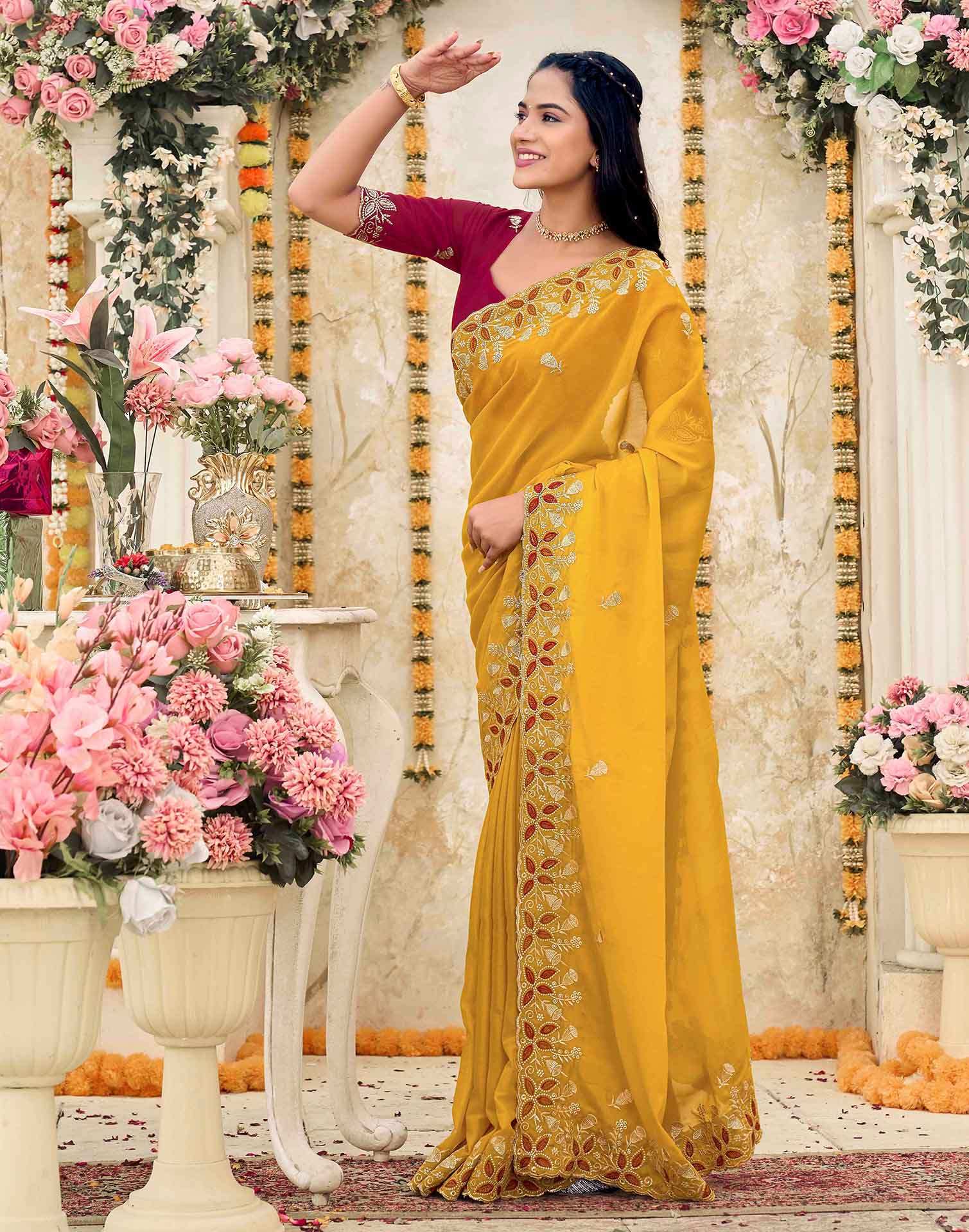 Yellow Georgette Embroidery Saree