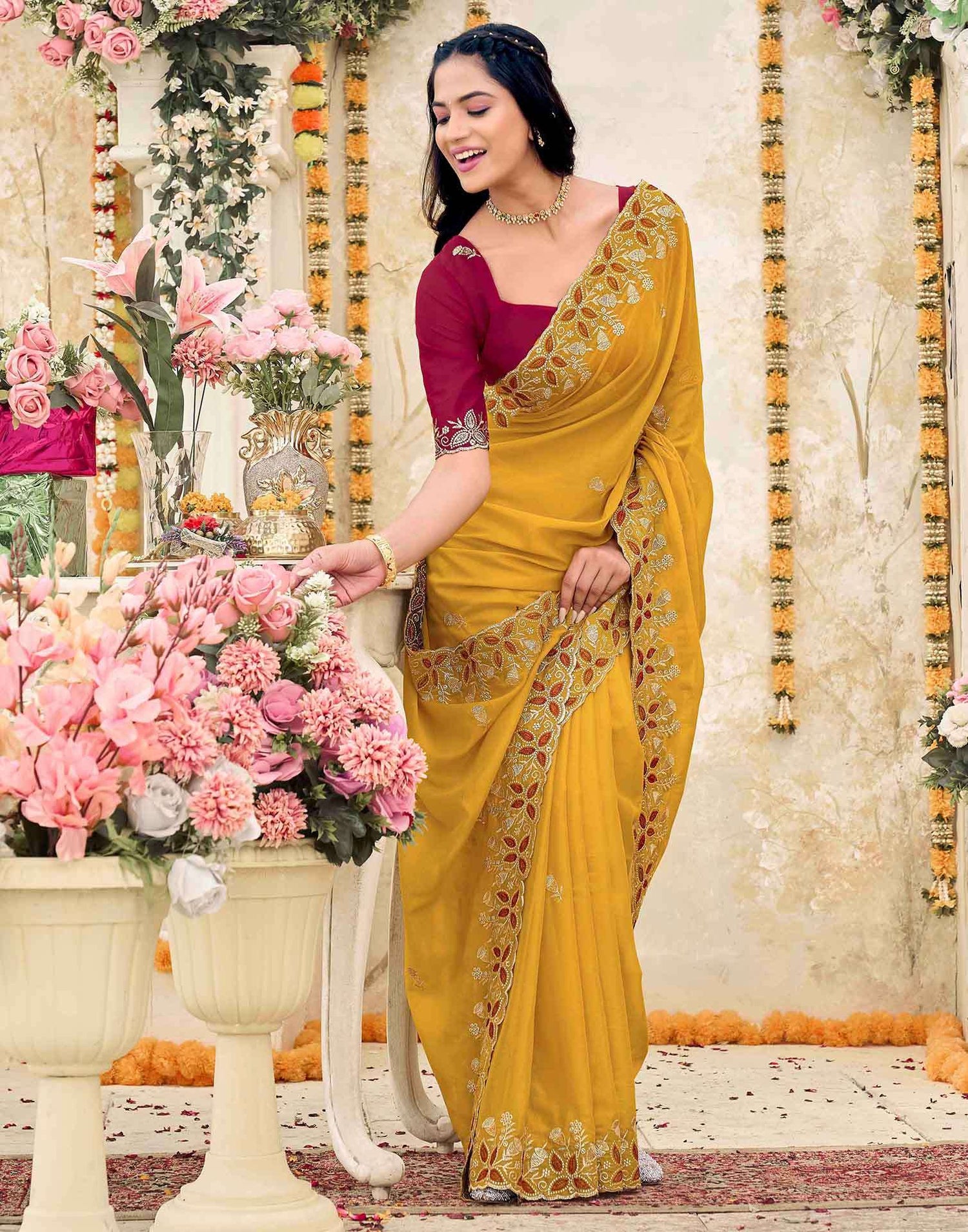 Yellow Georgette Embroidery Saree
