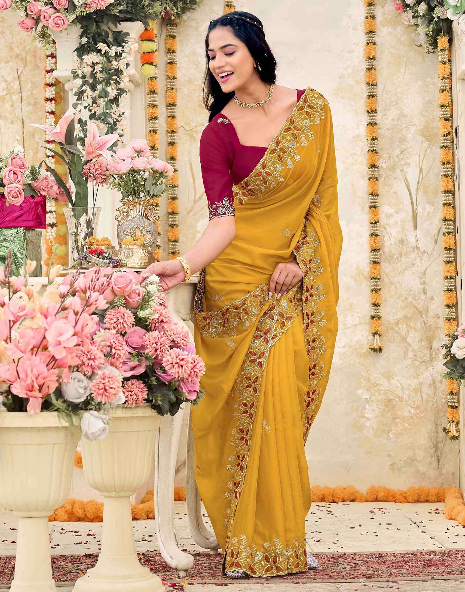 Yellow Georgette Embroidery Saree