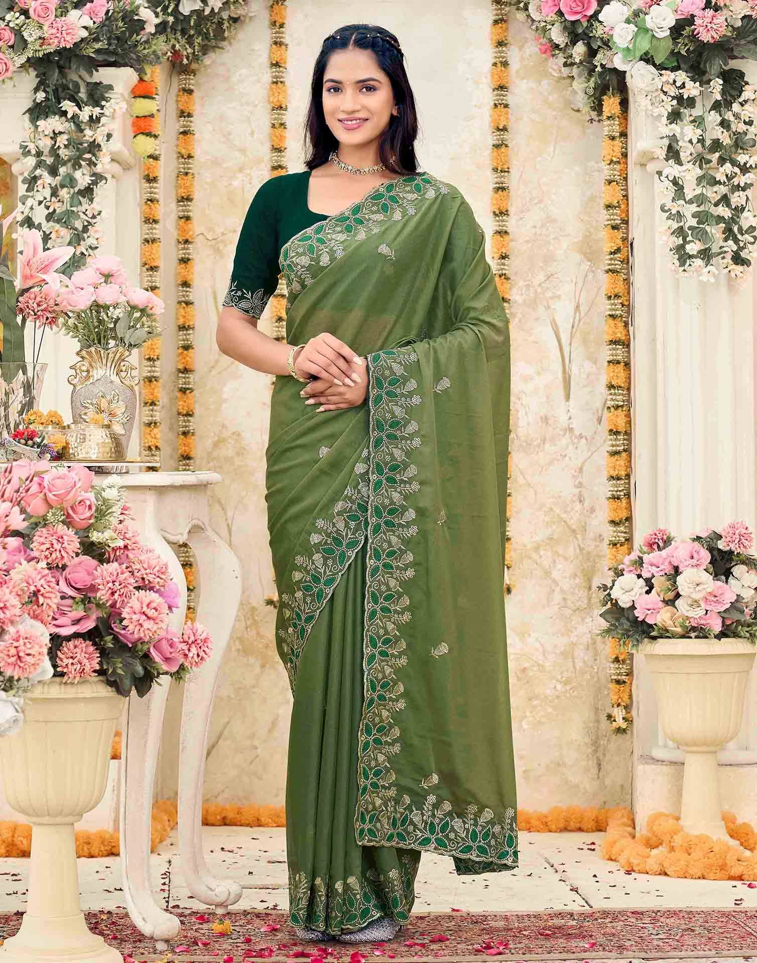 Olive Green Georgette Embroidery Saree