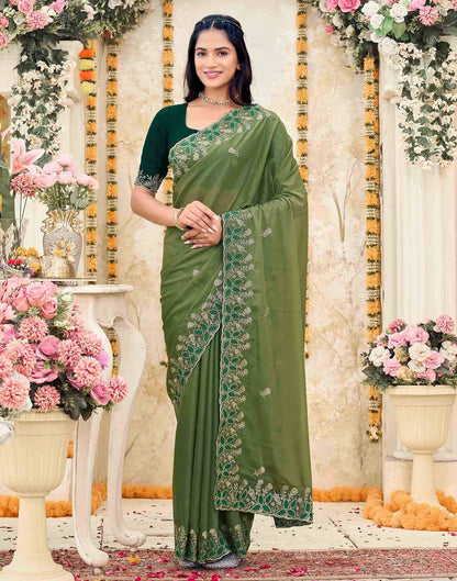 Olive Green Georgette Embroidery Saree