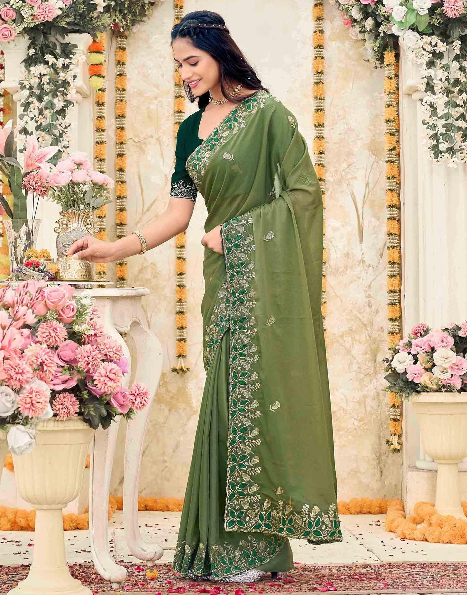 Olive Green Georgette Embroidery Saree