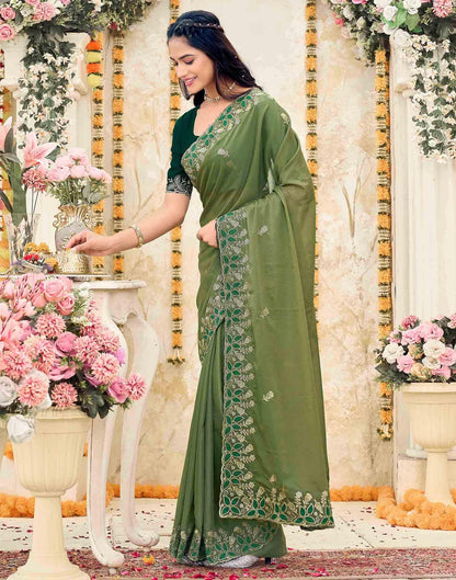 Olive Green Georgette Embroidery Saree