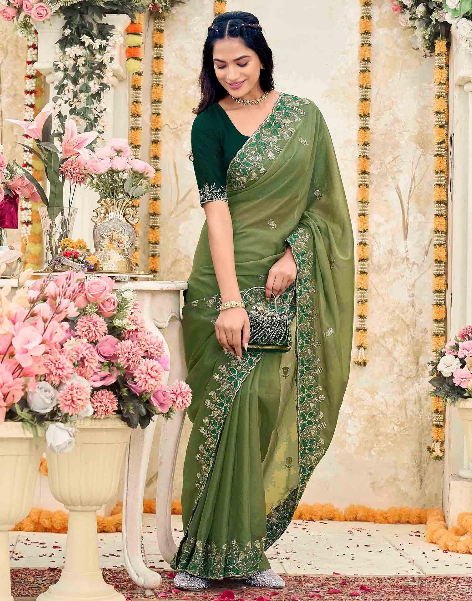 Olive Green Georgette Embroidery Saree