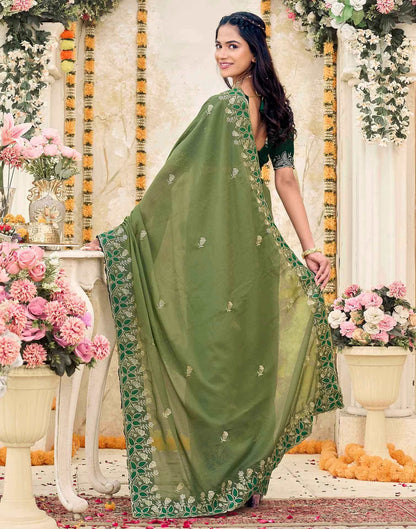 Olive Green Georgette Embroidery Saree