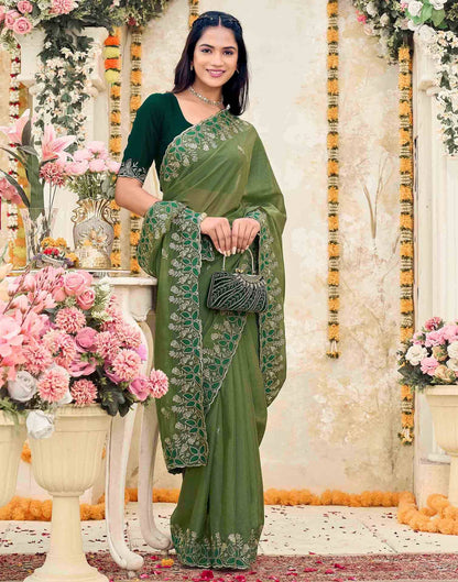 Olive Green Georgette Embroidery Saree