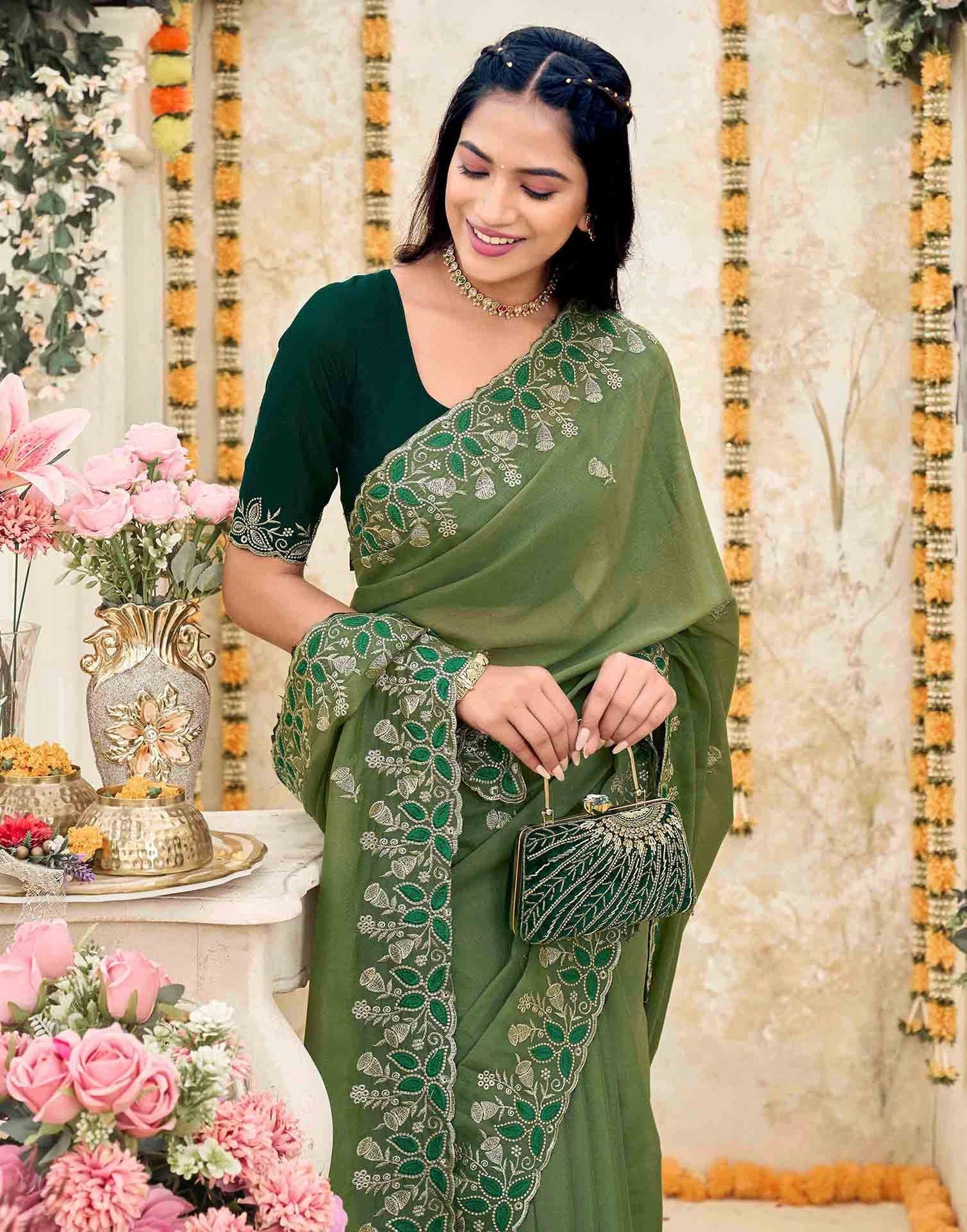 Olive Green Georgette Embroidery Saree