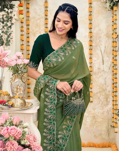Olive Green Georgette Embroidery Saree