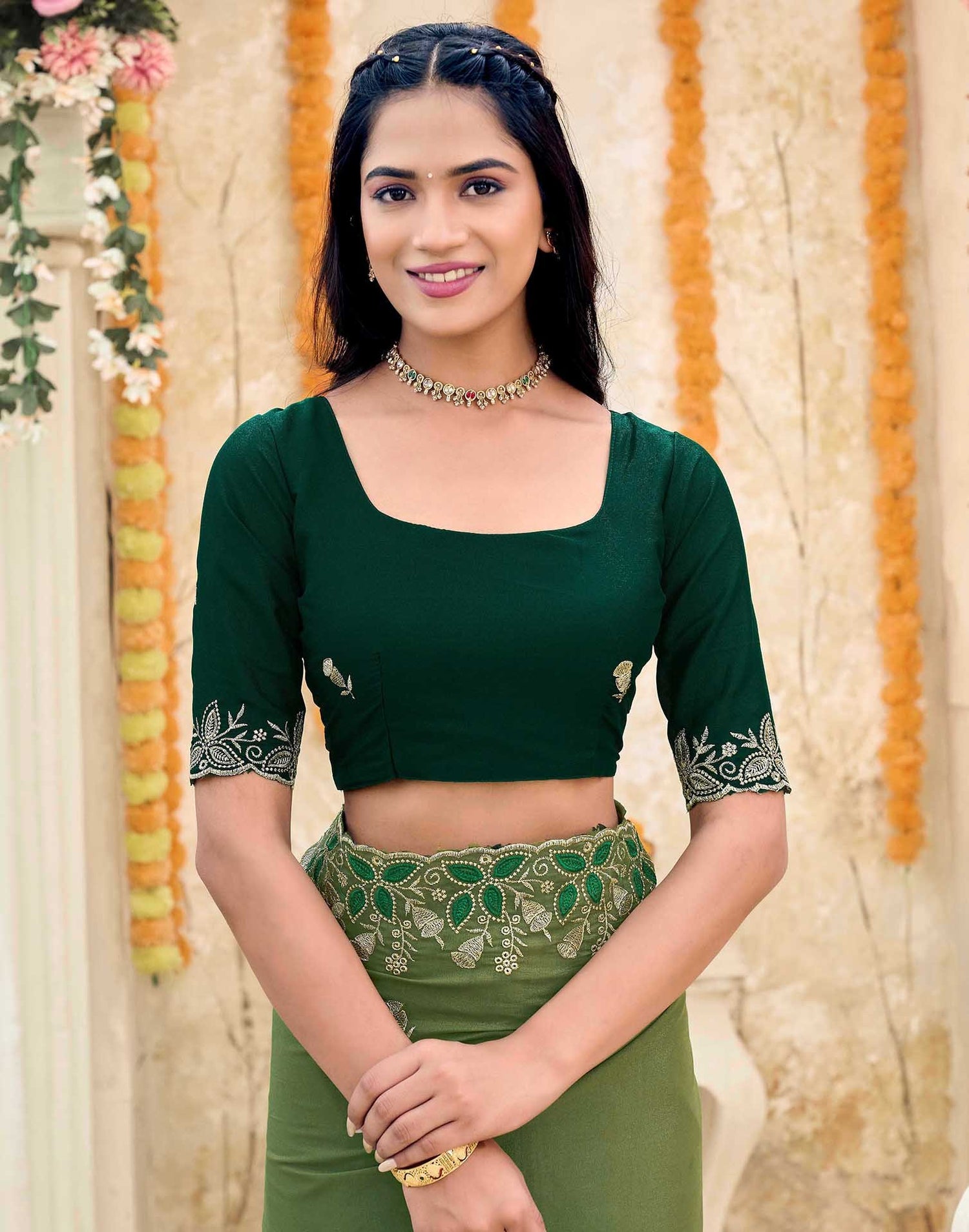 Olive Green Georgette Embroidery Saree