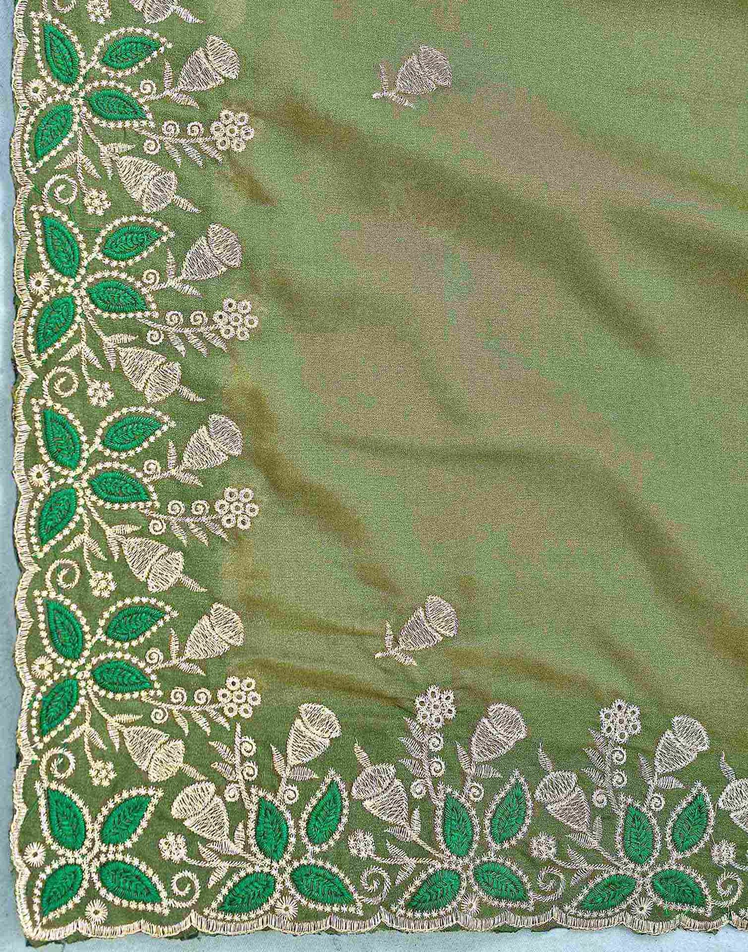 Olive Green Georgette Embroidery Saree
