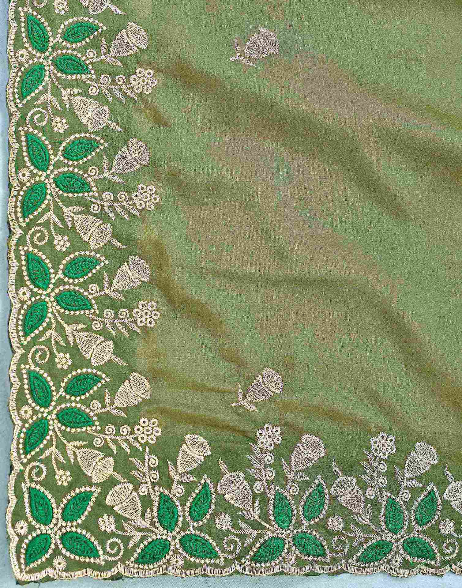 Olive Green Georgette Embroidery Saree