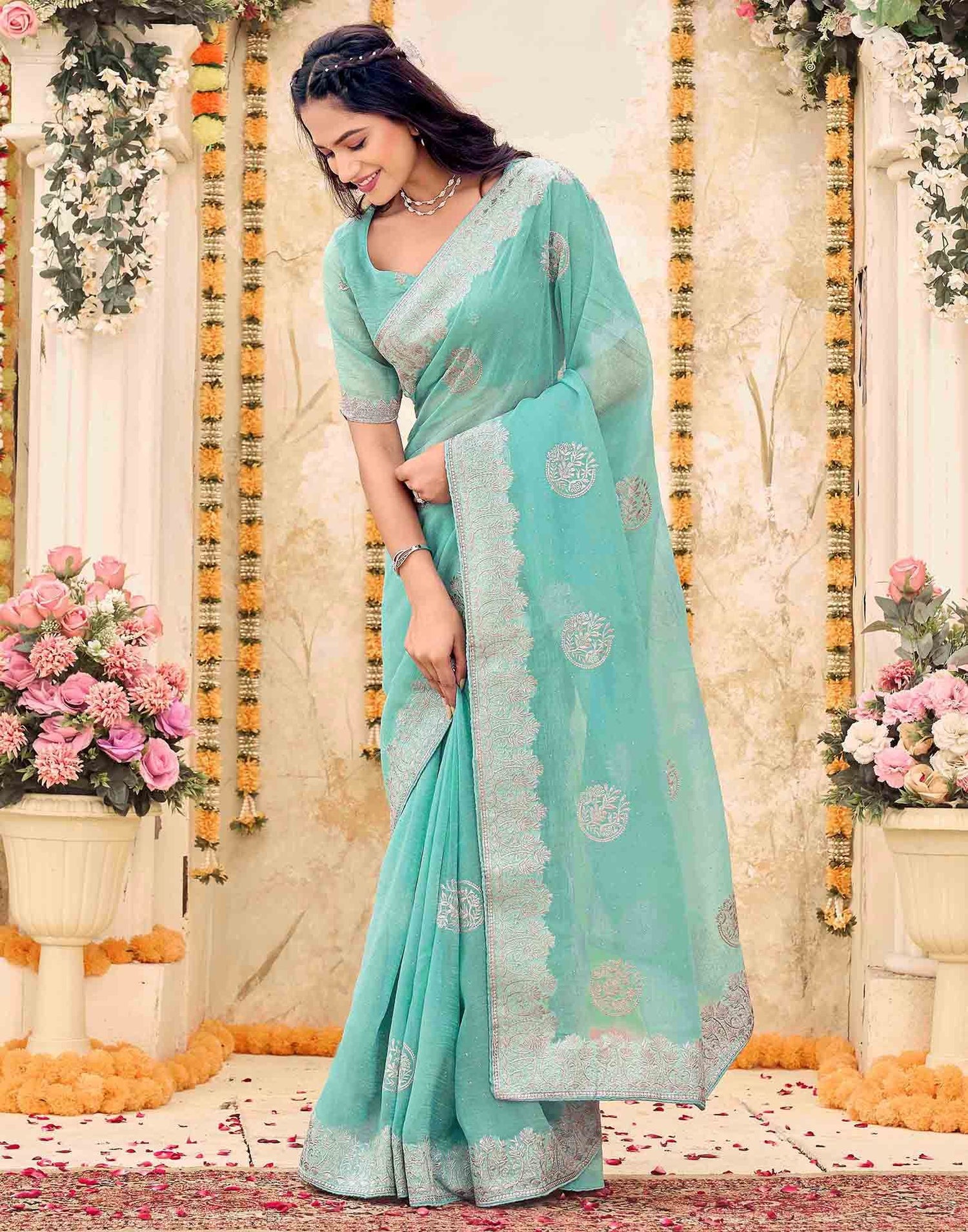 Sky Blue Shimmer Embroidery Embellished Saree