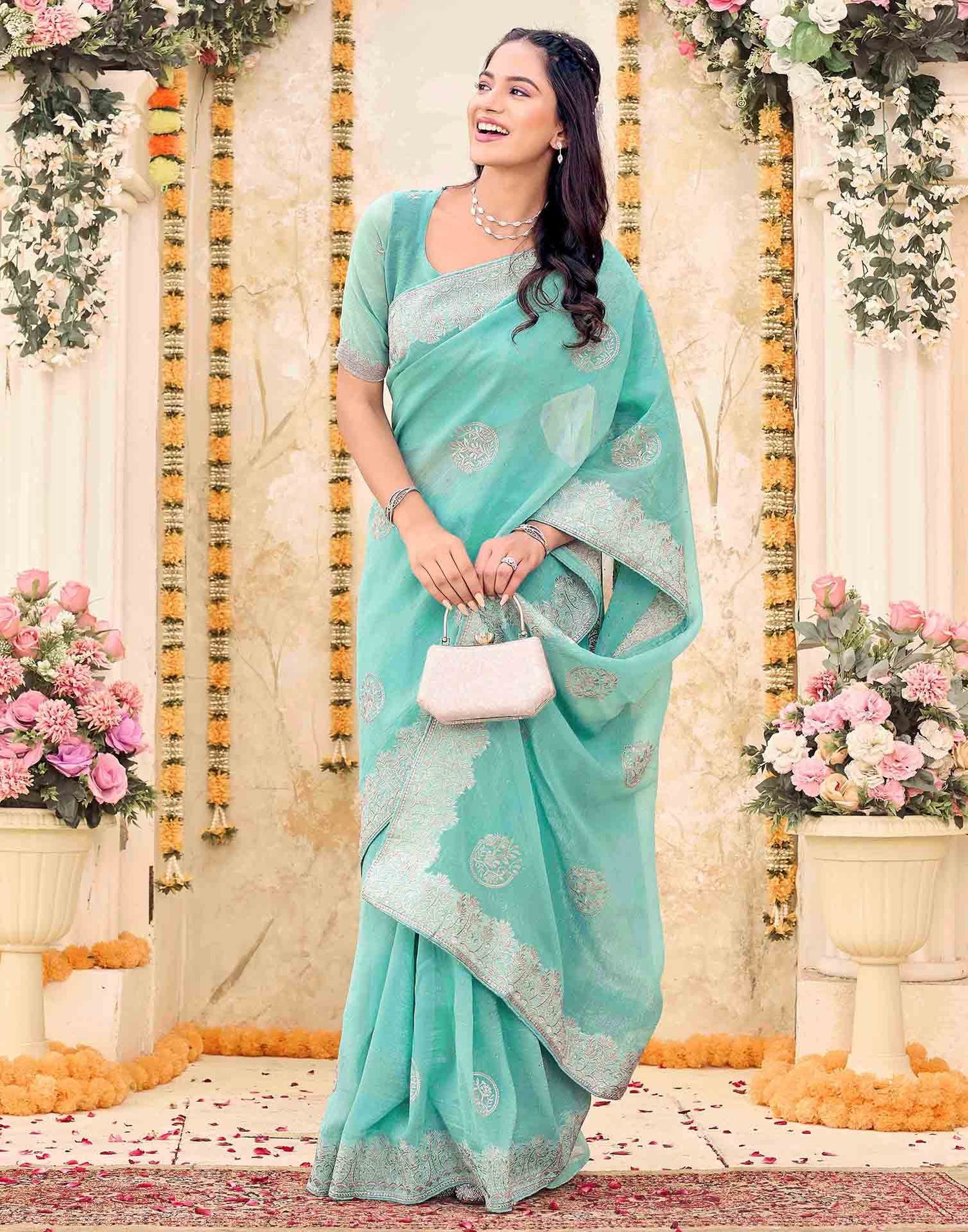 Sky Blue Shimmer Embroidery Embellished Saree