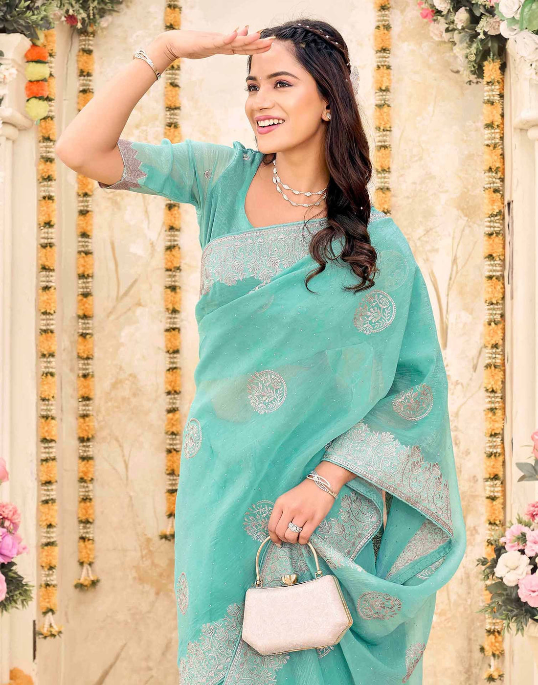 Sky Blue Shimmer Embroidery Embellished Saree