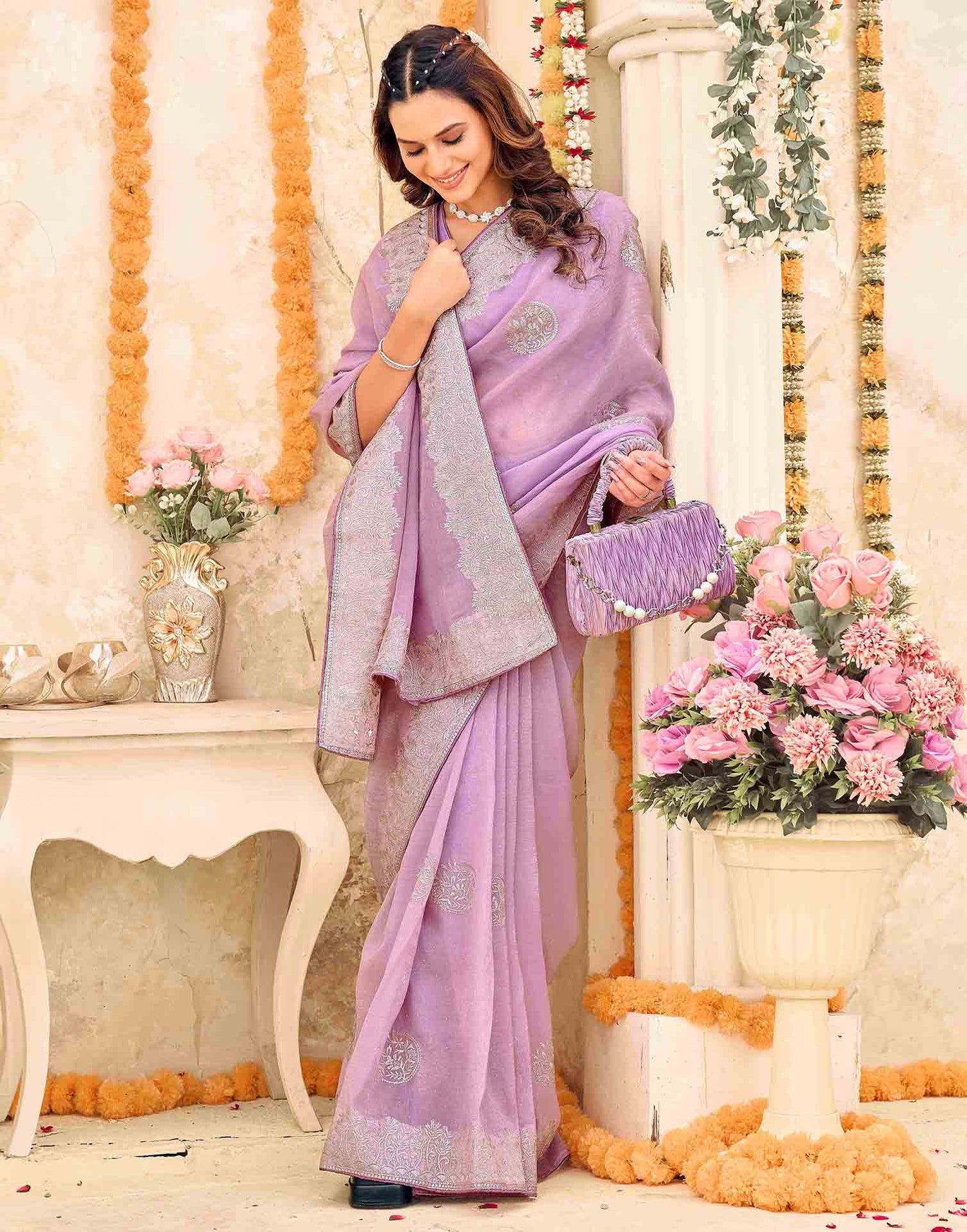 Lavender Shimmer Embroidery Embellished Saree