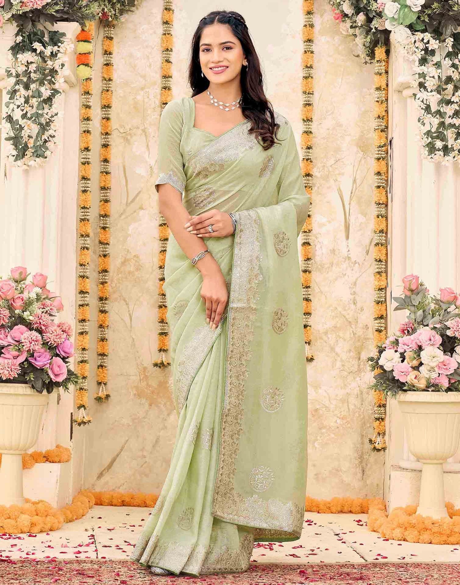 Mint Green Shimmer Embroidery Embellished Saree