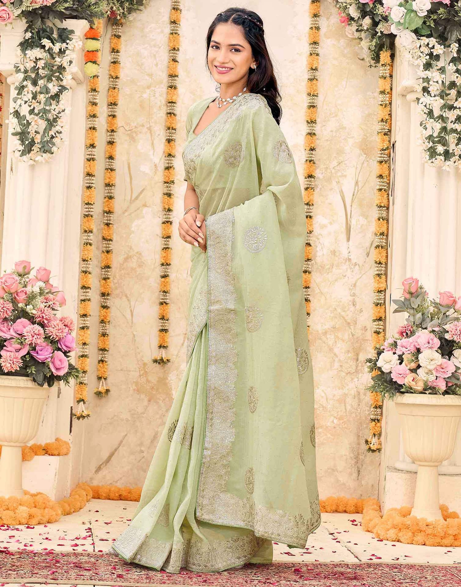 Mint Green Shimmer Embroidery Embellished Saree