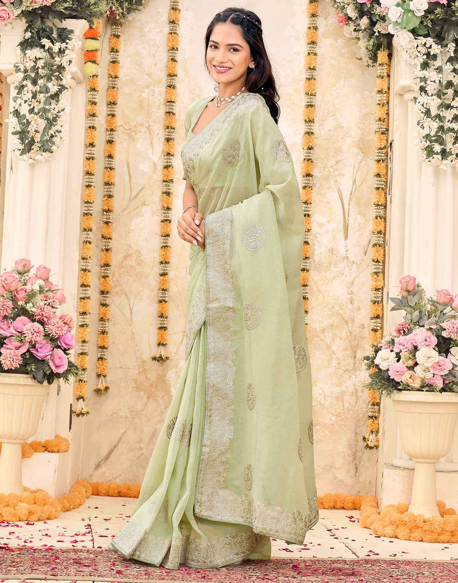 Mint Green Shimmer Embroidery Embellished Saree