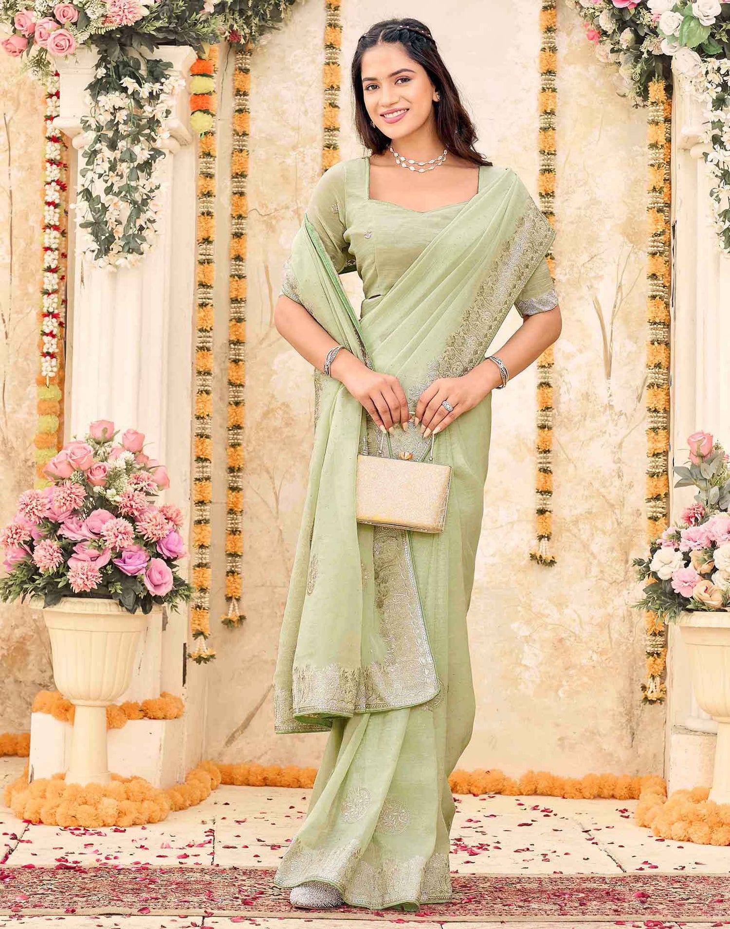 Mint Green Shimmer Embroidery Embellished Saree