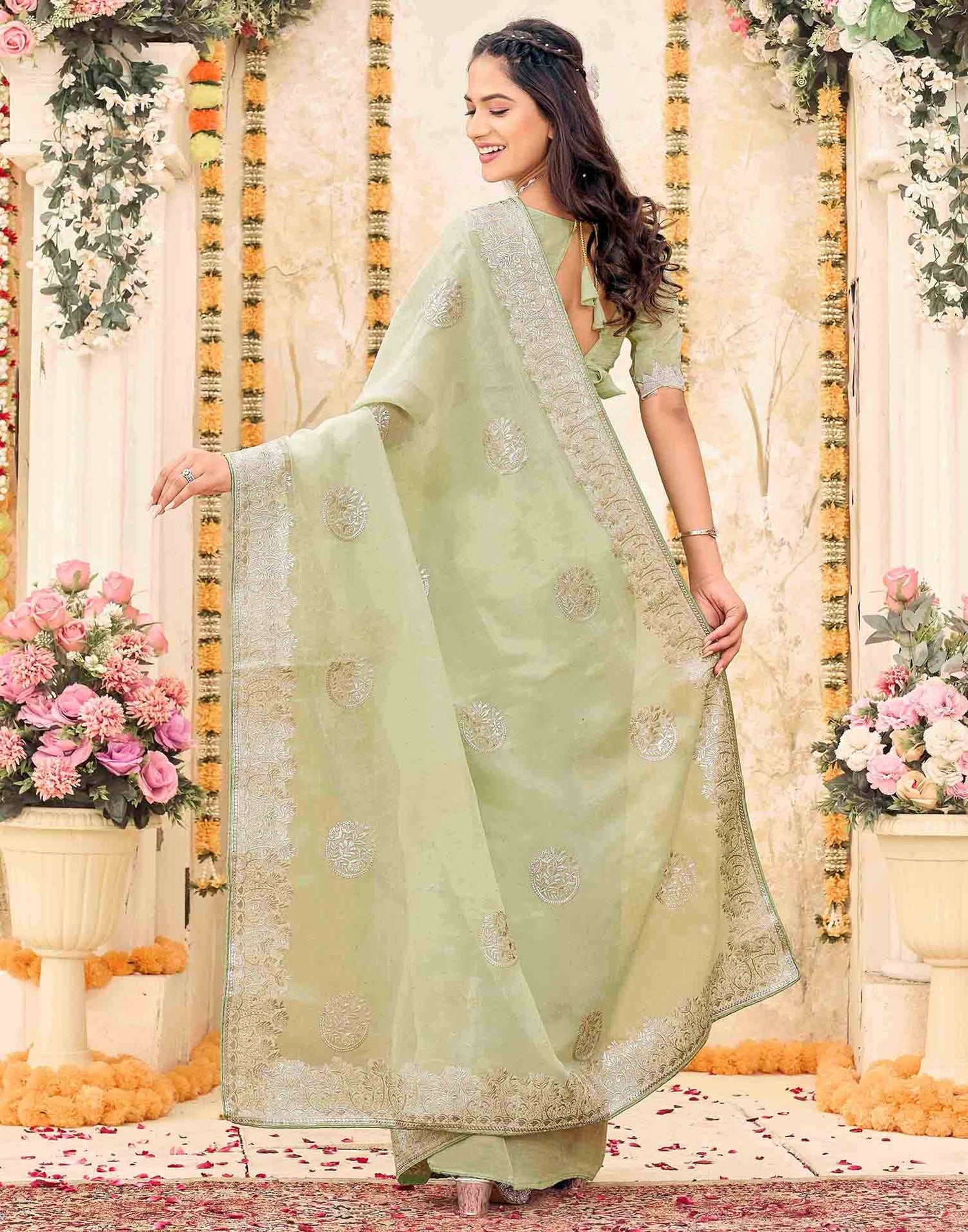 Mint Green Shimmer Embroidery Embellished Saree