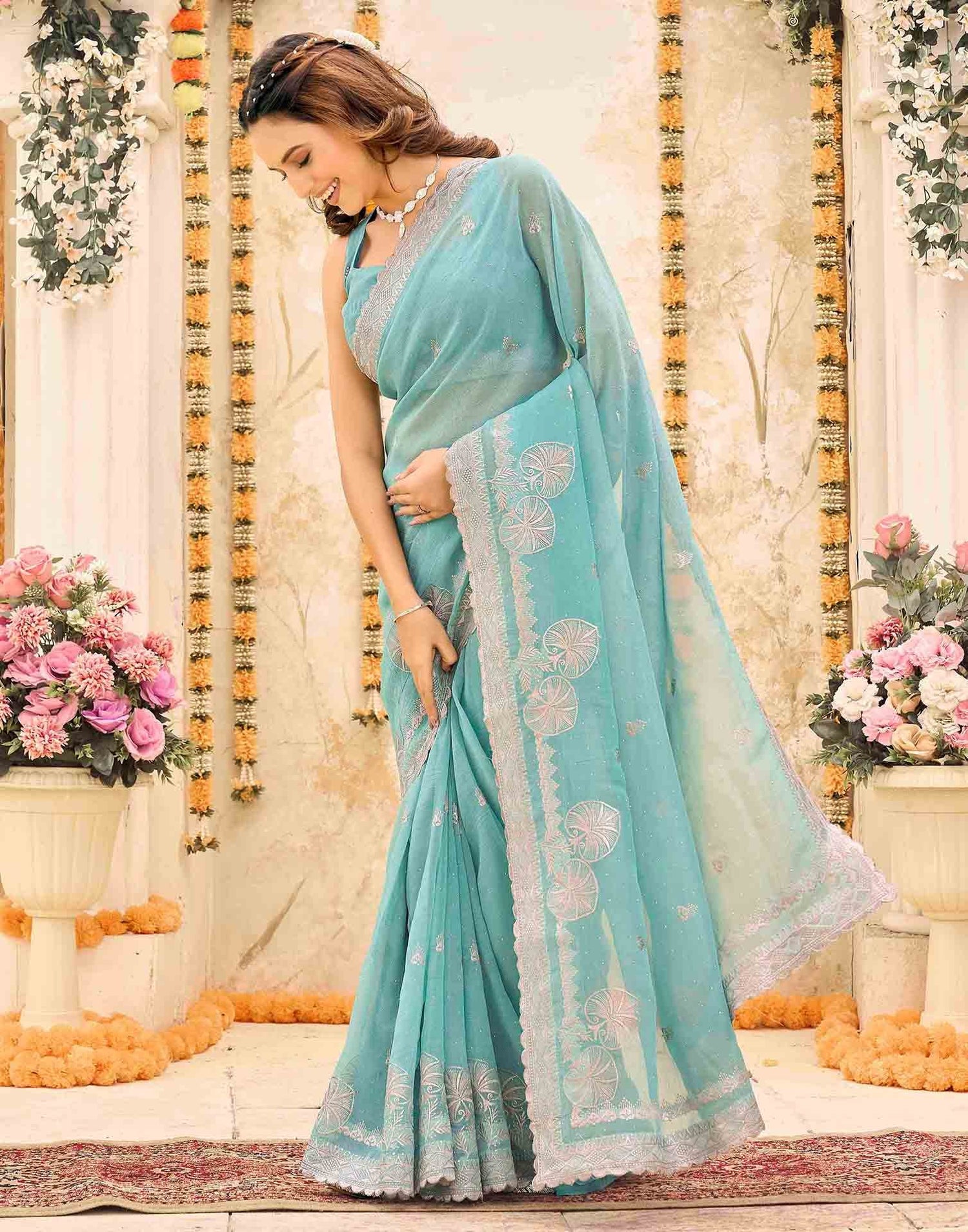 Turquoise Blue Shimmer Embroidery Embellished Saree