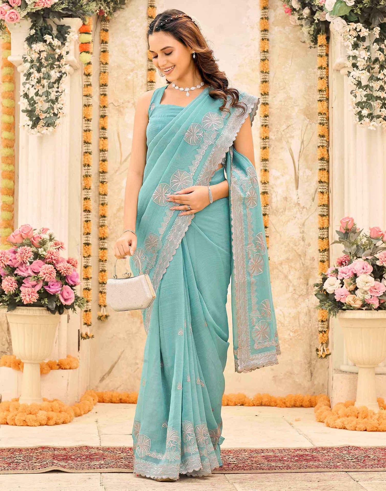 Turquoise Blue Shimmer Embroidery Embellished Saree