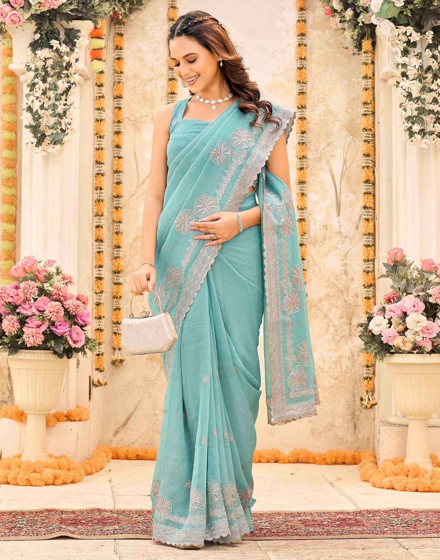 Turquoise Blue Shimmer Embroidery Embellished Saree