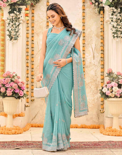 Turquoise Blue Shimmer Embroidery Embellished Saree