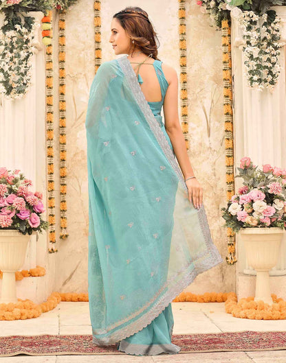 Turquoise Blue Shimmer Embroidery Embellished Saree