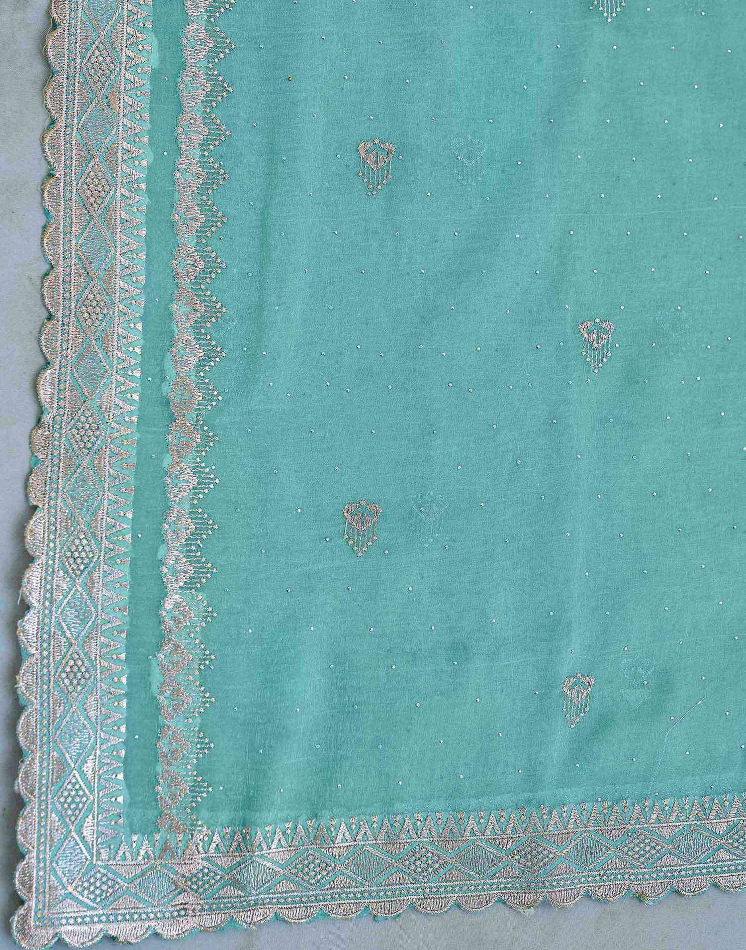 Turquoise Blue Shimmer Embroidery Embellished Saree