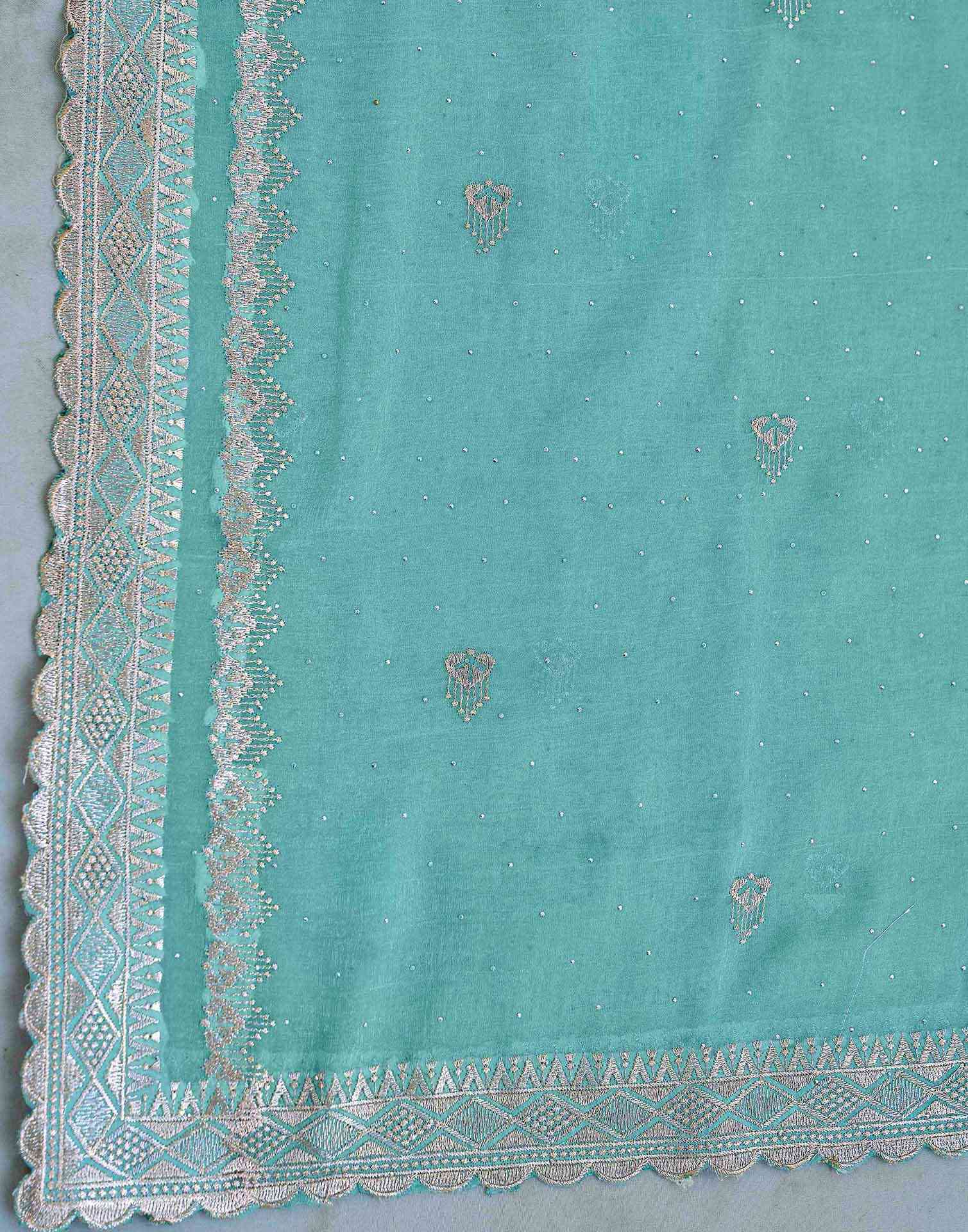 Turquoise Blue Shimmer Embroidery Embellished Saree