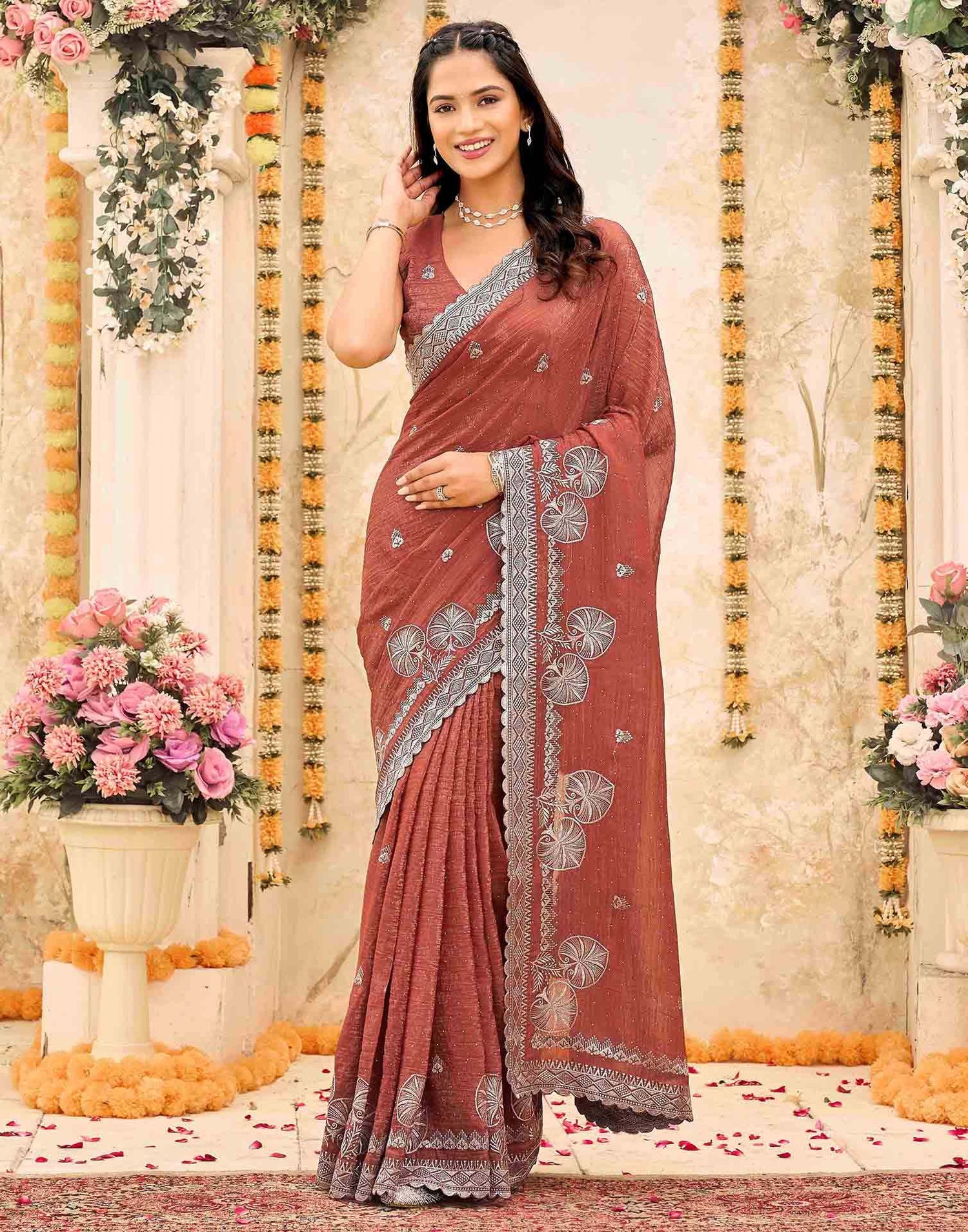 Brown Shimmer Embroidery Embellished Saree
