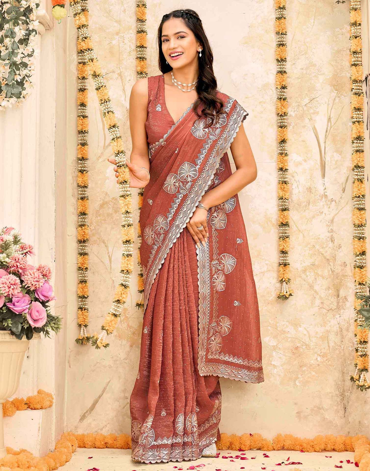 Brown Shimmer Embroidery Embellished Saree