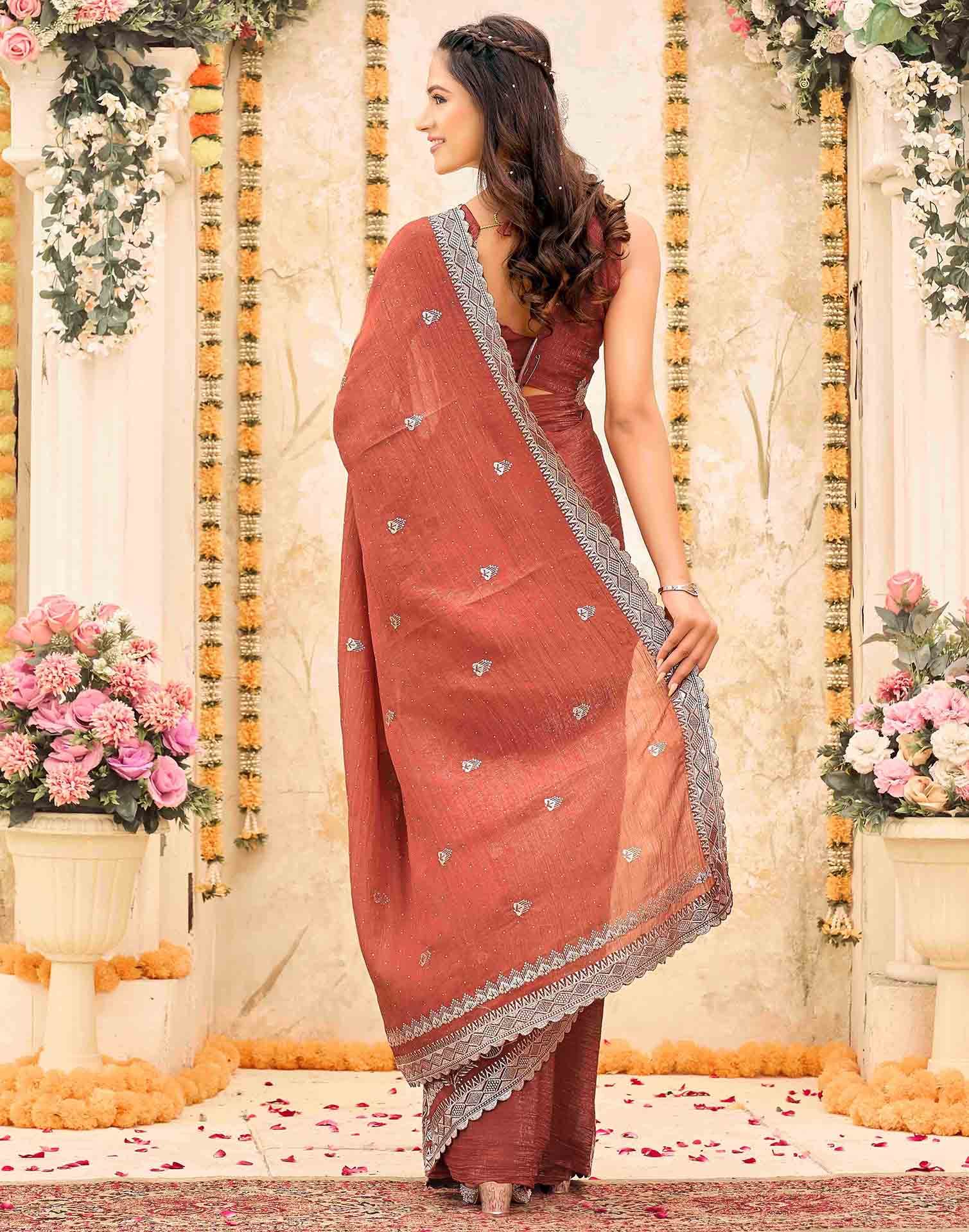 Brown Shimmer Embroidery Embellished Saree