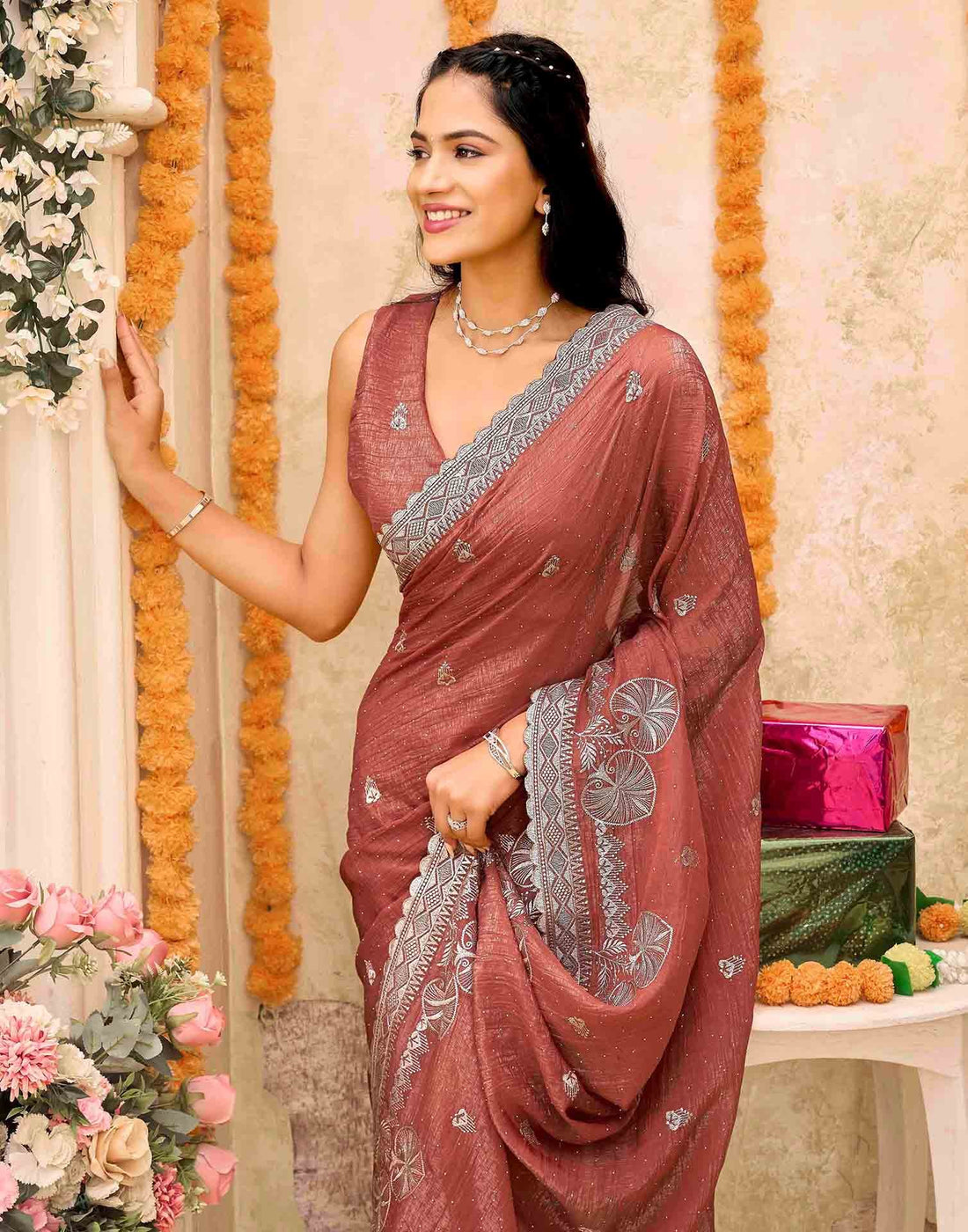 Brown Shimmer Embroidery Embellished Saree