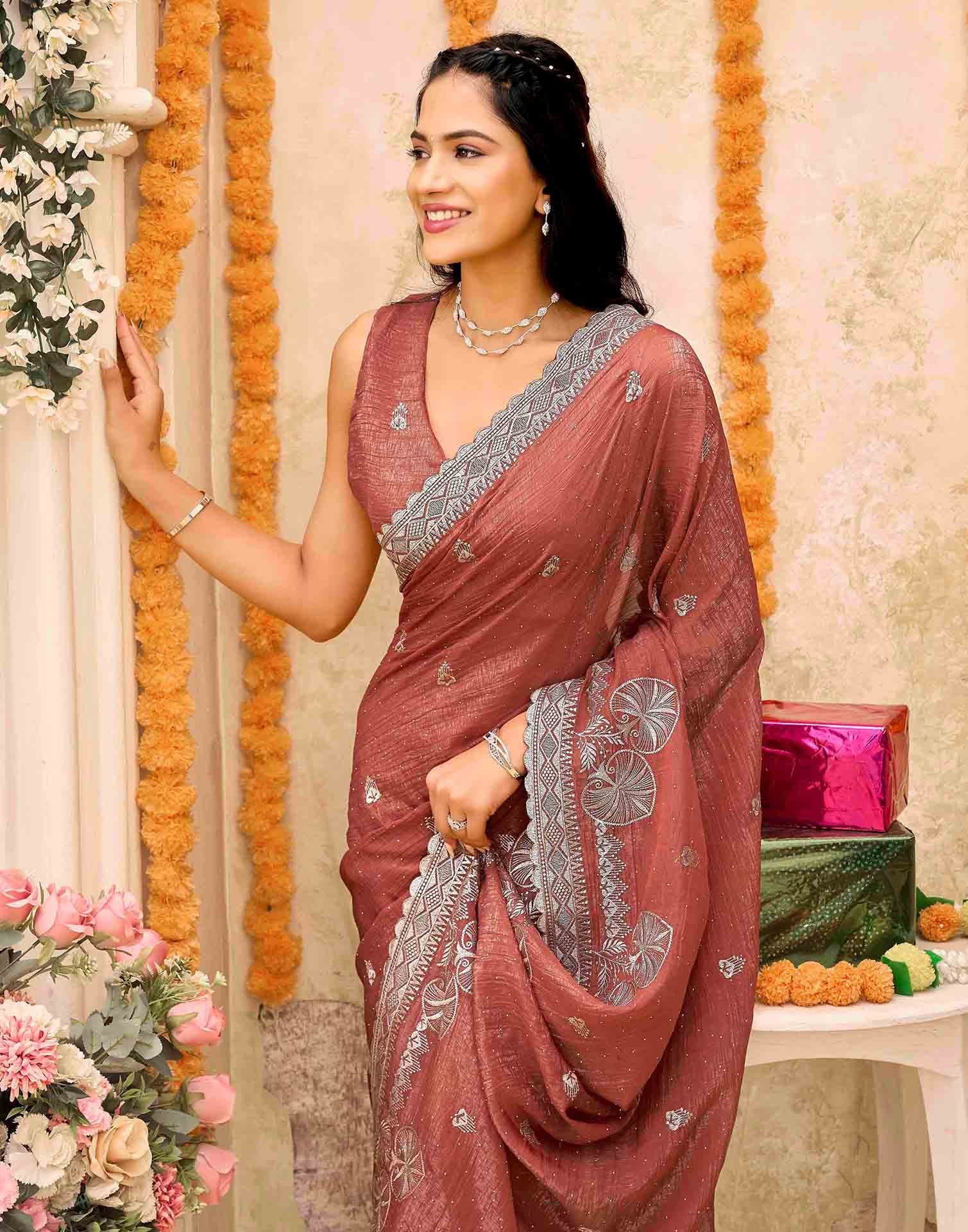 Brown Shimmer Embroidery Embellished Saree