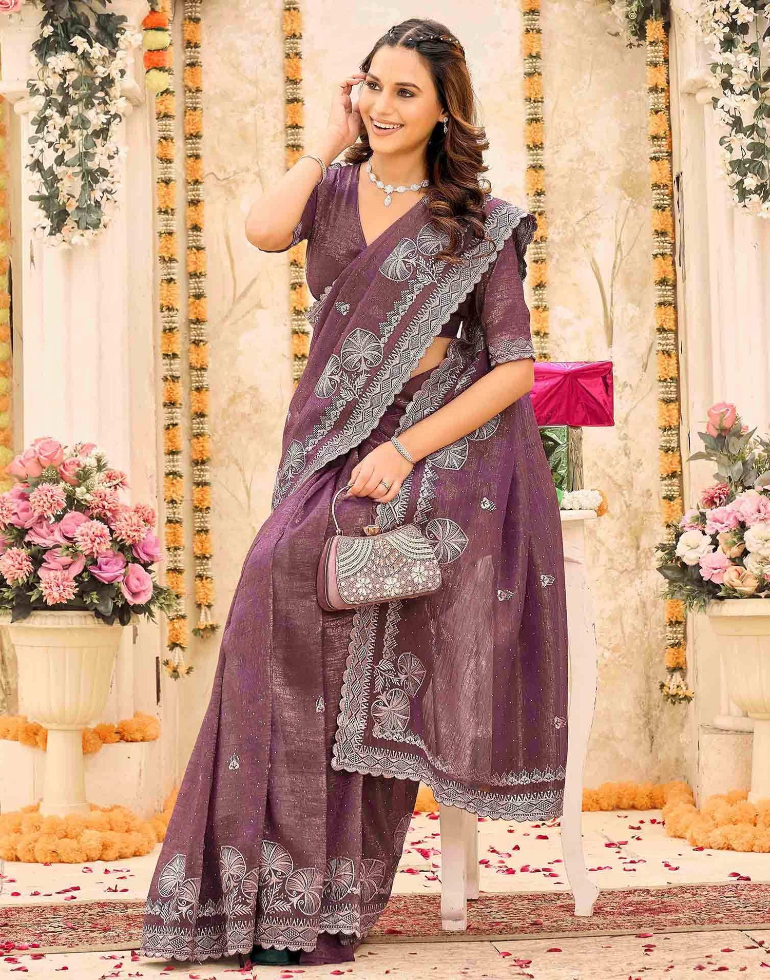 Mauve Shimmer Embroidery Embellished Saree
