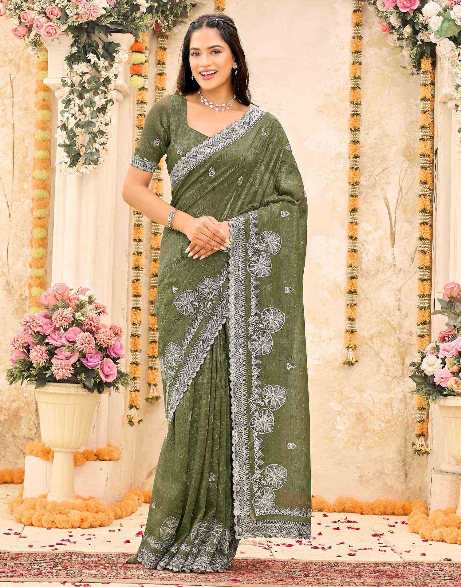Olive Green Shimmer Embroidery Embellished Saree