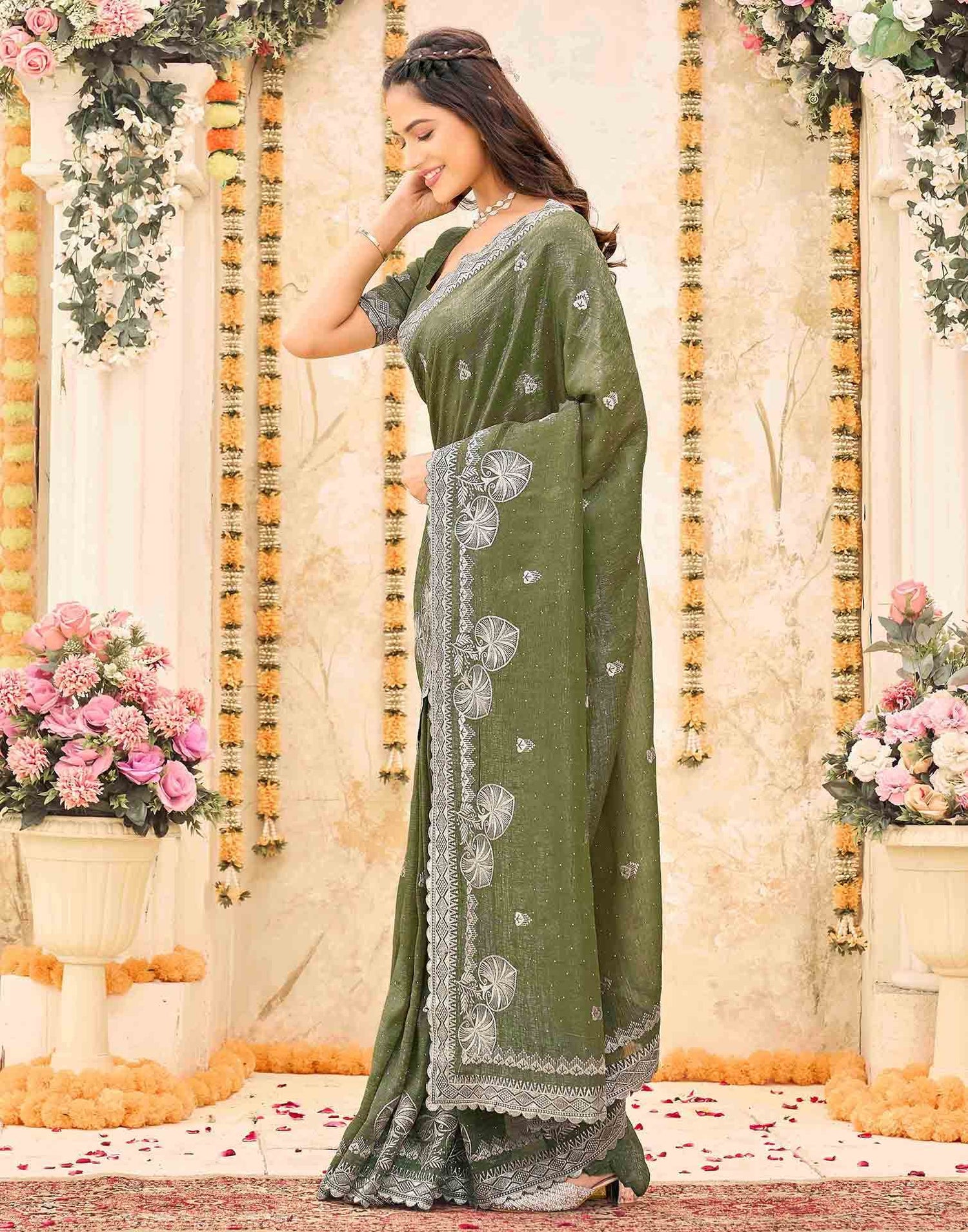 Olive Green Shimmer Embroidery Embellished Saree