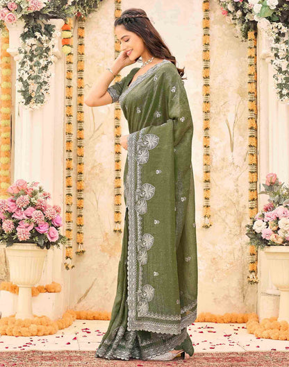 Olive Green Shimmer Embroidery Embellished Saree
