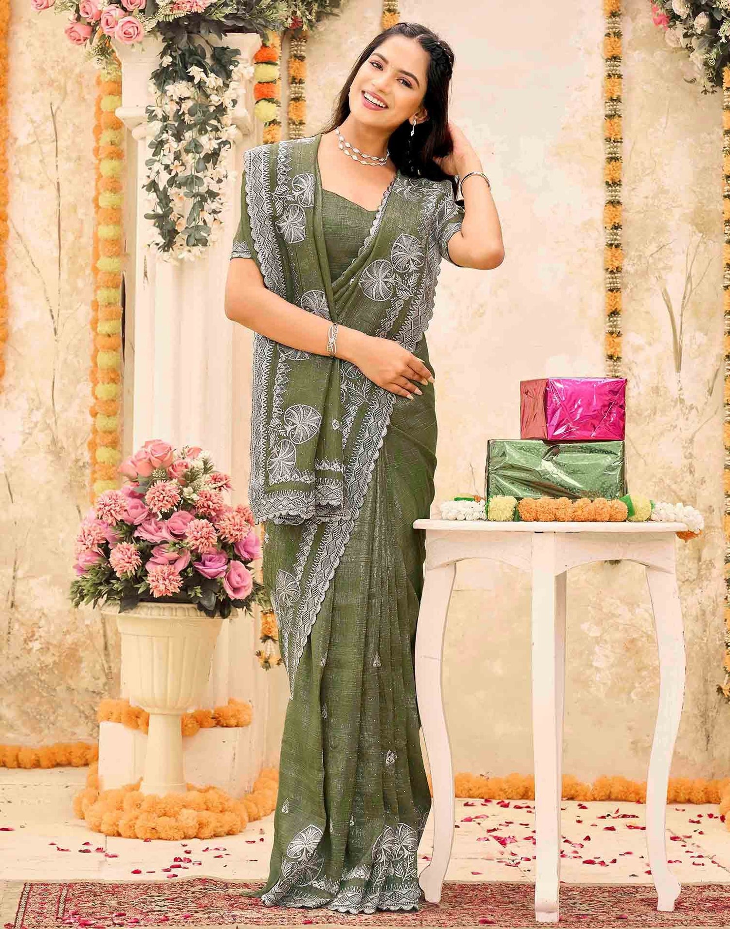 Olive Green Shimmer Embroidery Embellished Saree