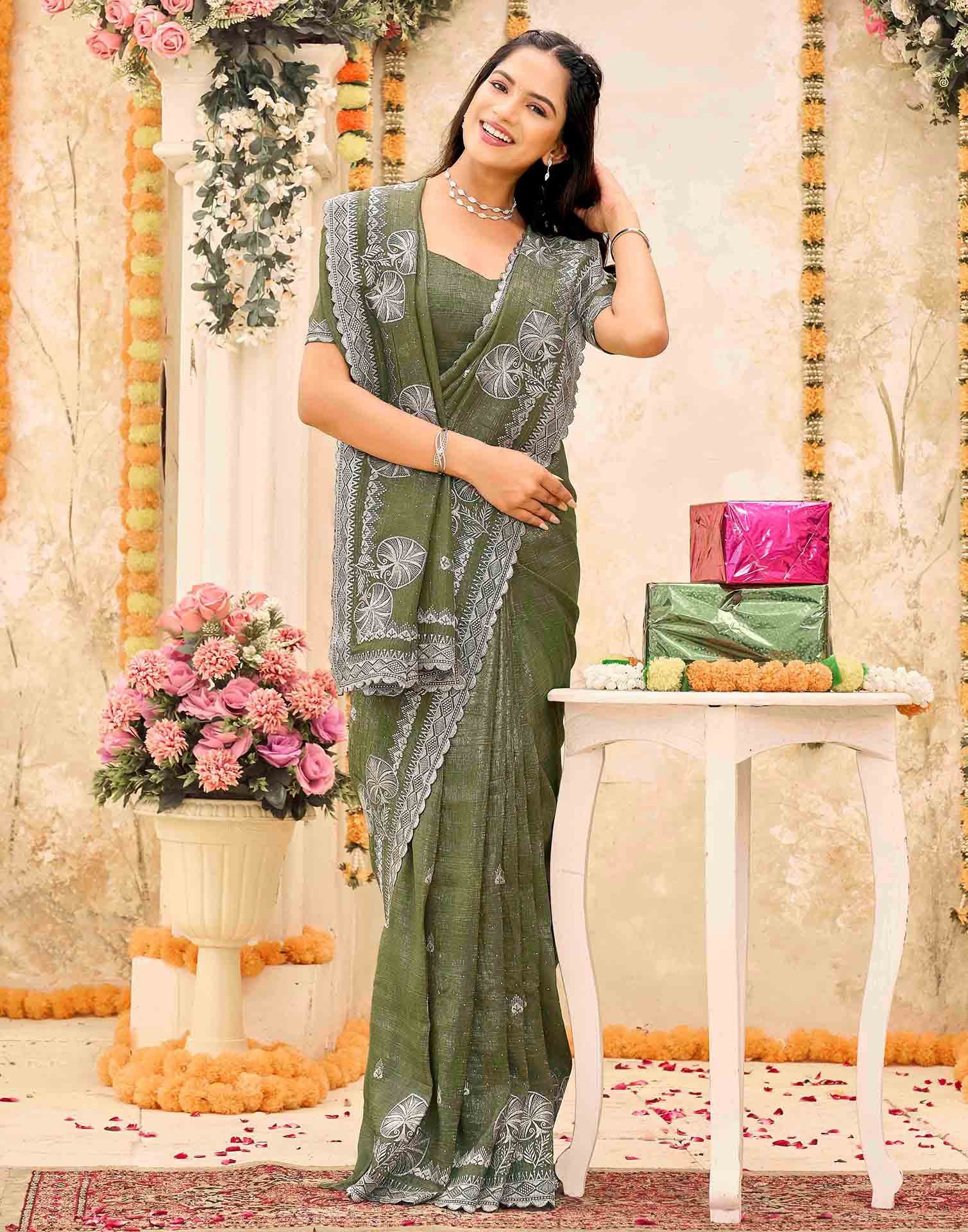 Olive Green Shimmer Embroidery Embellished Saree