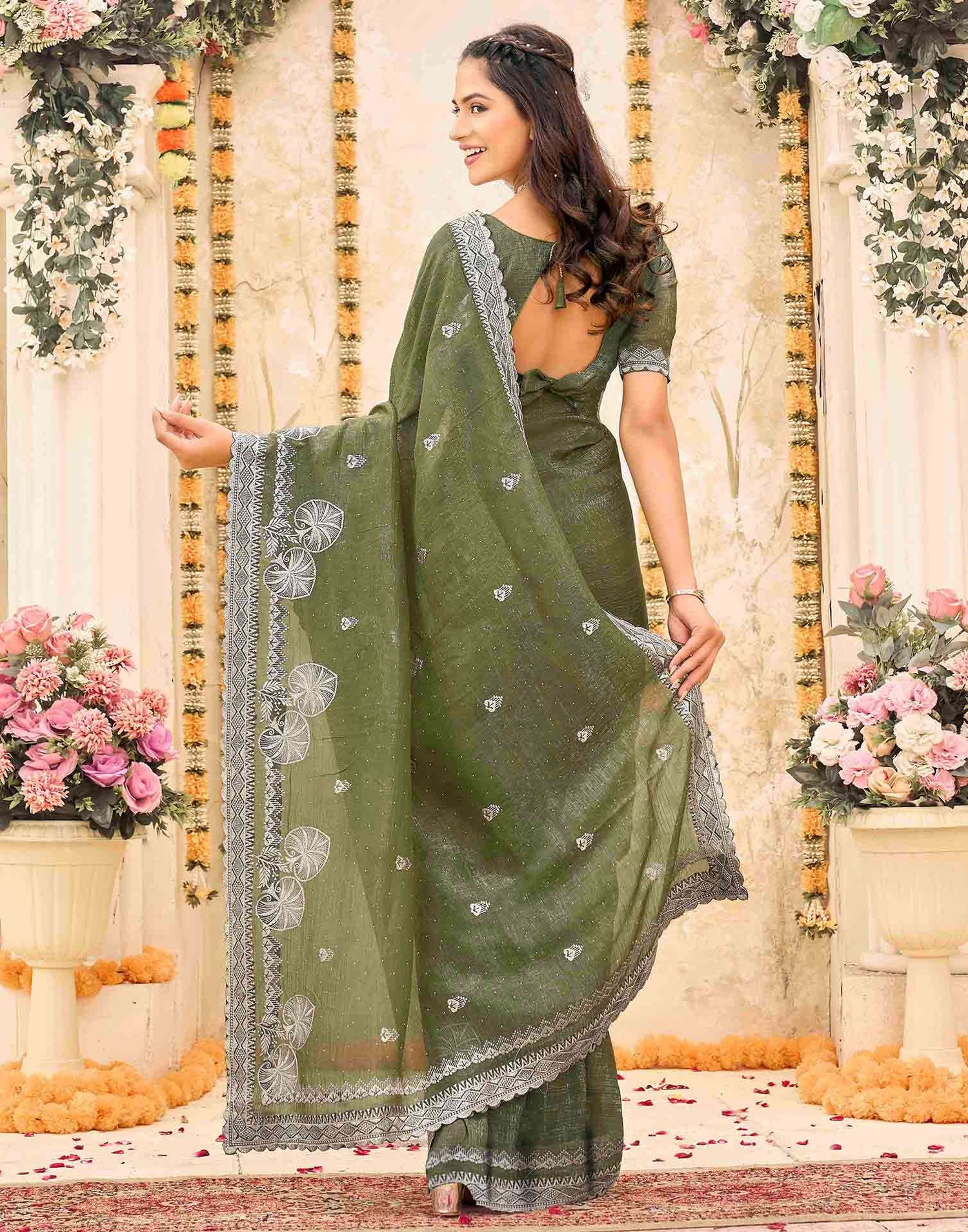 Olive Green Shimmer Embroidery Embellished Saree