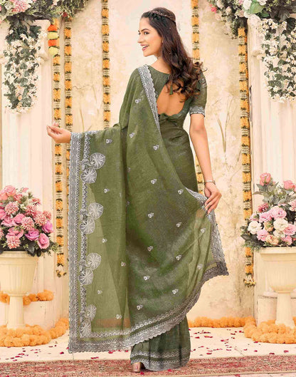 Olive Green Shimmer Embroidery Embellished Saree