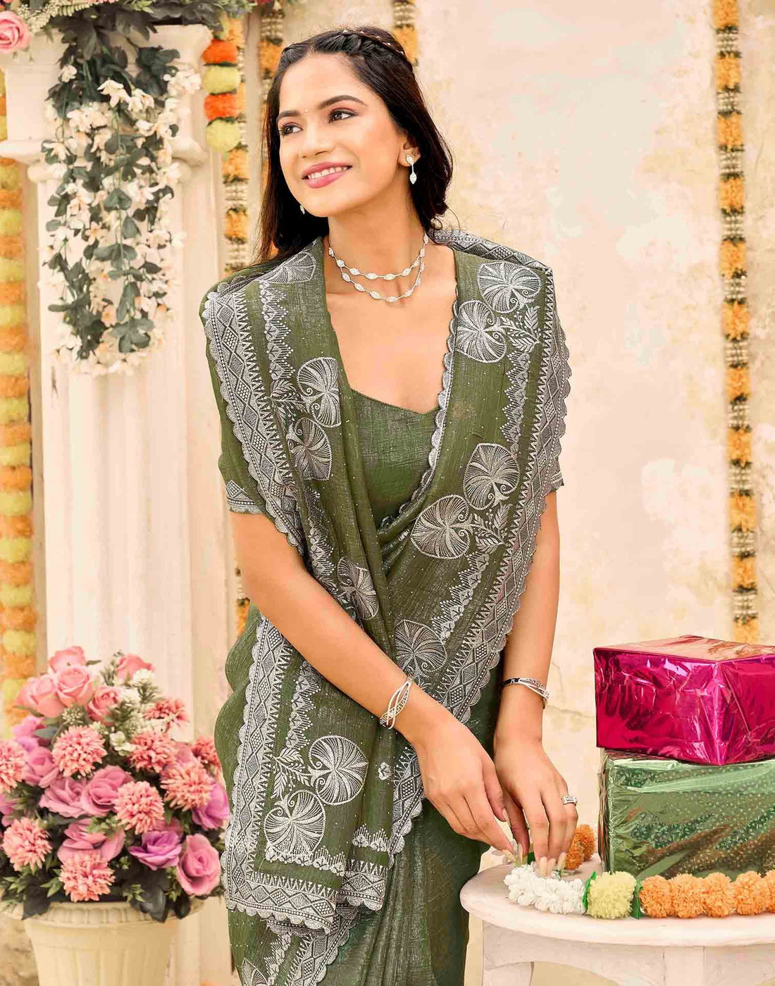 Olive Green Shimmer Embroidery Embellished Saree