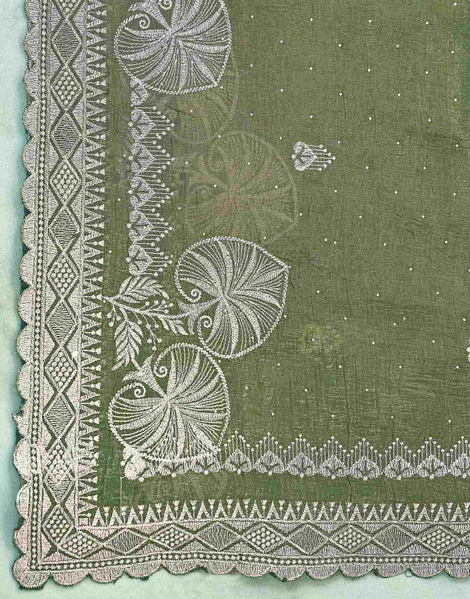 Olive Green Shimmer Embroidery Embellished Saree