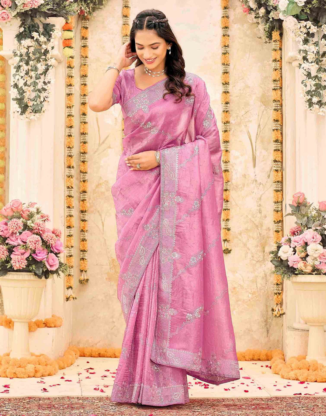 Pink Tissue Silk Embroidery Embellished Saree