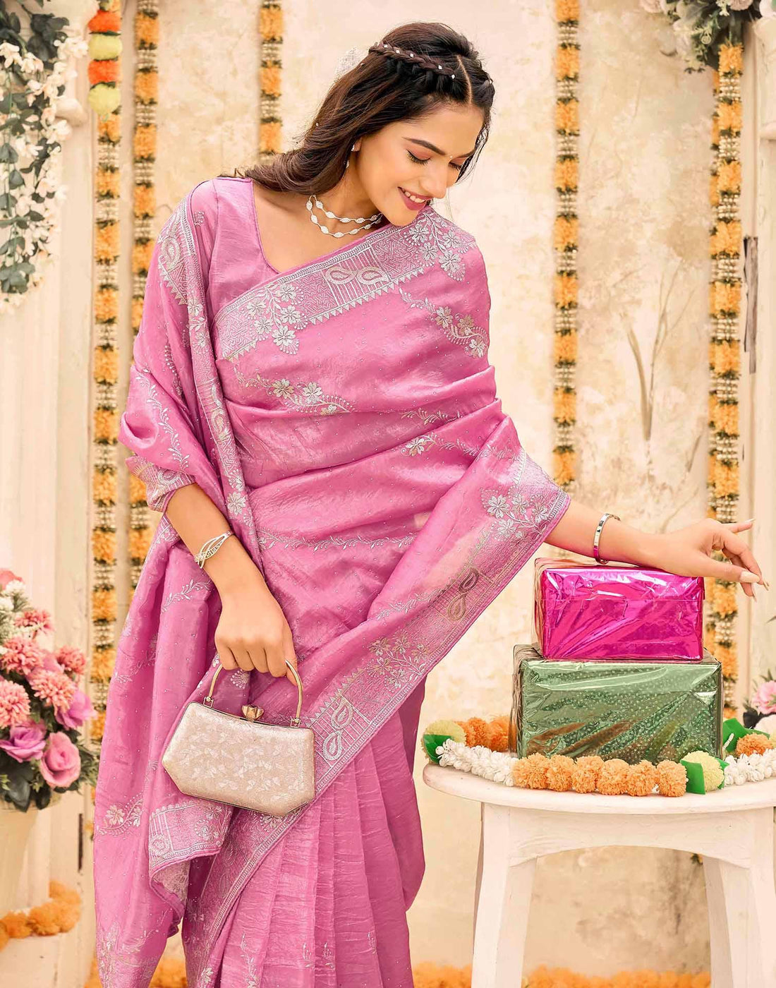 Pink Tissue Silk Embroidery Embellished Saree