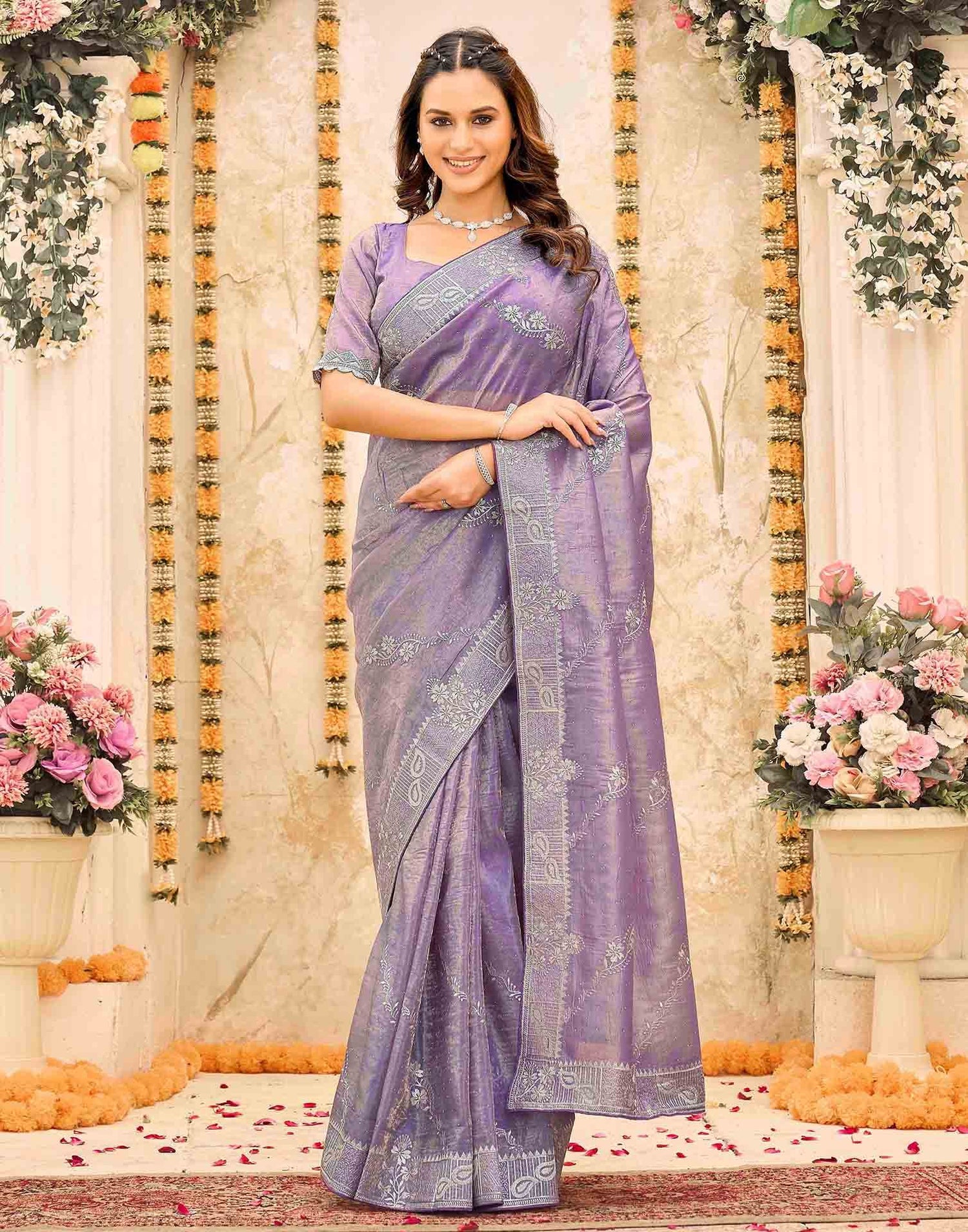 Lavender Tissue Silk Embroidery Embellished Saree