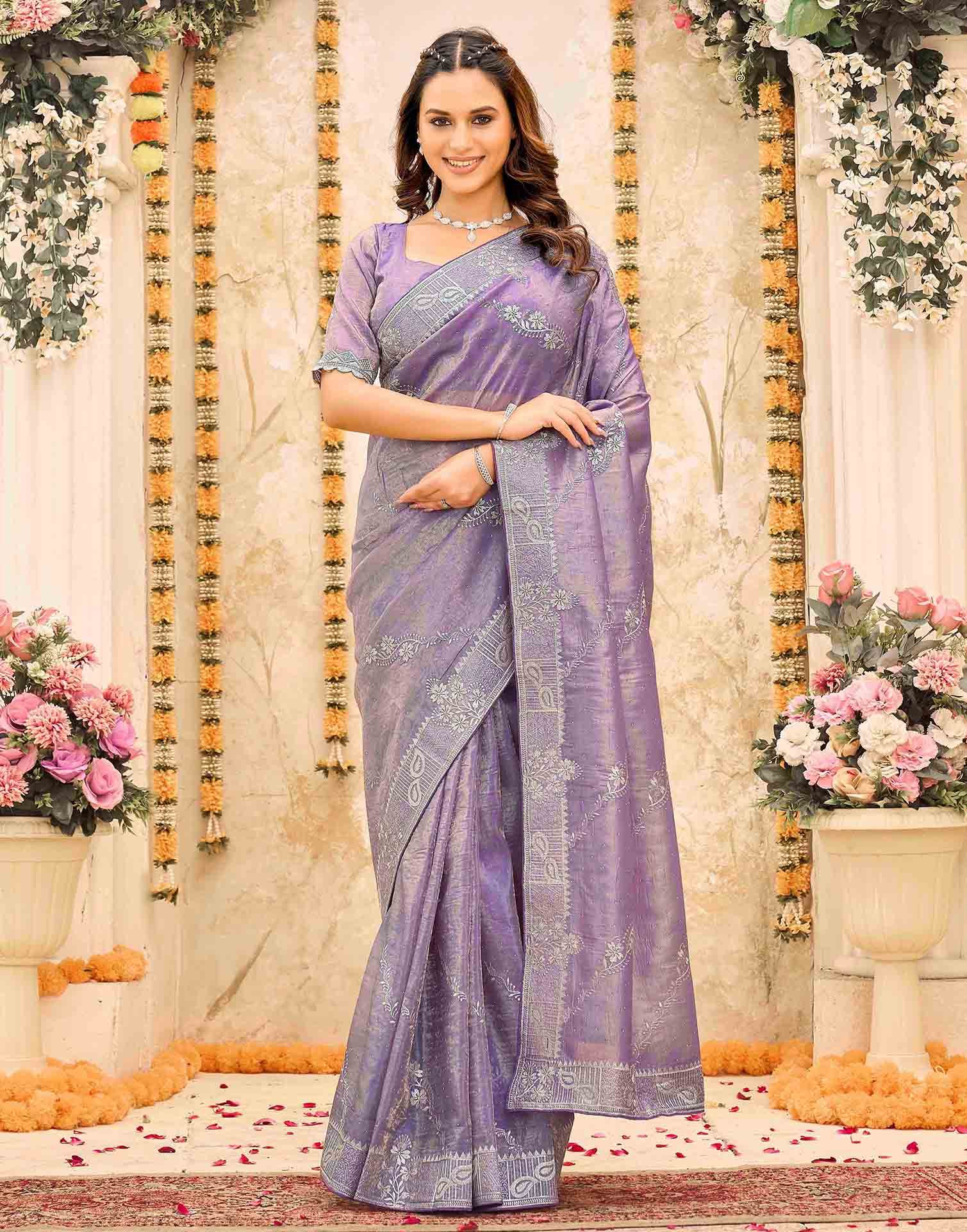 Lavender Tissue Silk Embroidery Embellished Saree